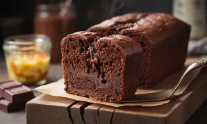 Un moelleux gâteau chocolat compote, encore chaud, avec une garniture fondante. À côté, des carrés de chocolat et une compote de fruits.