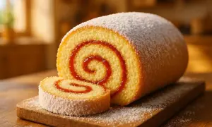 Un gâteau roulé moelleux, saupoudré de sucre glace, avec une spirale de confiture rouge. Parfait pour une recette facile et gourmande.