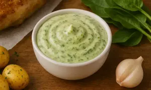Sauce oseille grand chef, crémeuse et parsemée d'herbes fraîches, prête à accompagner un plat savoureux.
