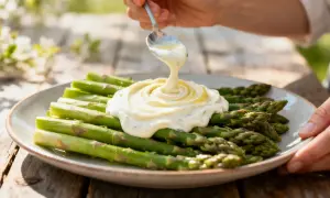 Des asperges vertes fraîches sont nappées d'une onctueuse sauce crémeuse. Un délice printanier !