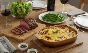 Un rôti de bœuf tranché, une salade verte, des haricots verts et un gratin crémeux, un accompagnement viande rouge parfait pour un repas convivial.