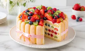 Charlotte aux fruits facile, un gâteau léger et coloré garni de fraises, framboises, myrtilles et kiwis.