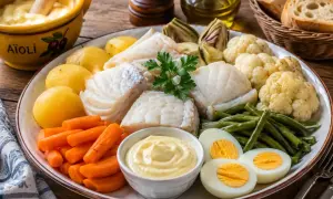 Plat de poisson blanc, pommes de terre, carottes, haricots verts, chou-fleur, artichauts et œufs durs, servi avec une sauce aïoli gastronomique.