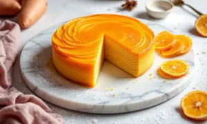 Gâteau mille-crêpes à la patate douce, orné de spirales orangées, servi avec des tranches d'orange sur une planche de marbre.