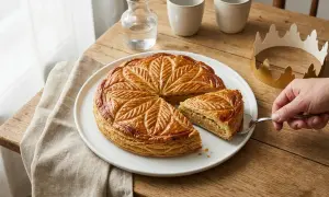 Une galette des rois pâtissier dorée, décorée de feuilles, est servie. Une part est prélevée, une couronne dorée est à côté.