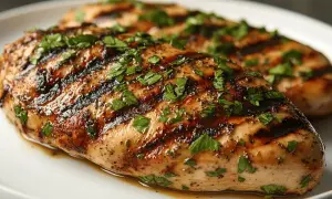 Deux filets de poulet grillés, parsemés de persil frais. La marinade poulet a donné une belle couleur dorée et des marques de grillades appétissantes.