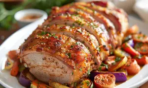 Rôti de porc Cookeo, tranché et servi avec des légumes rôtis colorés. Un plat savoureux et facile à préparer.