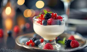 Délicieuse panna cotta framboise, garnie de fruits rouges frais et servie sur un plateau argenté, avec des lumières douces en arrière-plan.