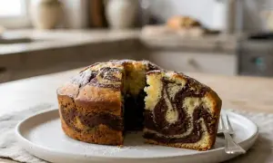 Un délicieux gâteau marbré, saupoudré de sucre glace, est présenté sur une assiette blanche. Une part est coupée, révélant ses motifs tourbillonnants de chocolat et de vanille.