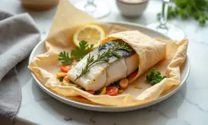 Un délicieux cabillaud en papillote, garni de romarin, servi sur un lit de légumes colorés et d'une tranche de citron.