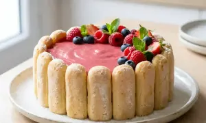 Charlotte au fromage blanc, garnie de fruits rouges frais et de menthe. Un délice visuel et gustatif.
