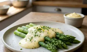Asperges vertes nappées d'une onctueuse sauce mousseline, parsemées de ciboulette et de poivre.