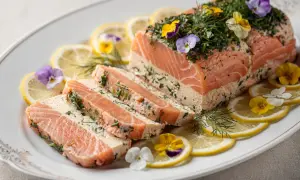 Une magnifique terrine de saumon, œuvre d'un chef étoilé, garnie d'herbes fraîches et de fleurs comestibles, servie avec des rondelles de citron.