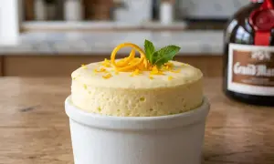 Soufflé Grand Marnier aérien, décoré d'une spirale d'orange et de menthe, prêt à être dégusté. La bouteille de Grand Marnier est en arrière-plan.