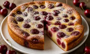 Un délicieux clafoutis aux cerises, saupoudré de sucre glace, avec une part coupée pour révéler les fruits juteux. Parfait pour une recette de clafoutis aux cerises.