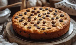 Gâteau aux raisins secs, doré et parsemé de cannelle, prêt à être dégusté.