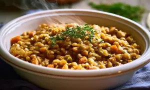 Un plat fumant de cuisson lentilles blondes, garni de thym frais. Les lentilles sont tendres et mélangées à des morceaux de légumes.