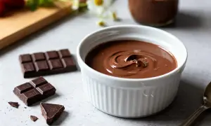 Crème au chocolat onctueuse, parfaite pour une recette crème au chocolat grand chef. Des morceaux de chocolat noir et des fraises en arrière-plan.