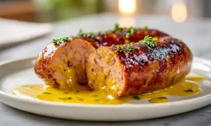 Andouillette dorée et juteuse, coupée en deux, baignant dans une sauce onctueuse. Un délice préparé à l'air fryer.