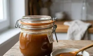 Un bocal de caramel liquide maison, avec une étiquette manuscrite, est prêt à être dégusté. Une cuillère en bois trempe dans un petit bol de ce délice doré.