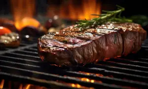 Un faux filet savoureux sur le gril, avec des herbes aromatiques et des flammes dans l'arrière-plan. La cuisson du faux filet est à son apogée.