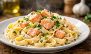 Une assiette de tagliatelles au saumon crémeuses, garnie d'aneth et de persil frais. La vapeur s'échappe de ce plat appétissant.