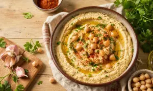 Un bol de houmous crémeux, garni de pois chiches, d'huile d'olive et de persil. Une recette houmous facile à réaliser, avec de l'ail et du paprika à proximité.