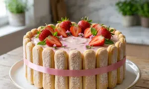 Charlotte aux fraises inratable, décorée de fruits rouges frais et de biscuits à la cuillère, le tout ceinturé d'un ruban rose.