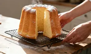 Un délicieux gâteau de Savoie, encore chaud et saupoudré de sucre glace, est posé sur une grille.