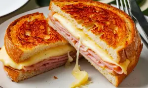 Un croque-monsieur gourmand, parfaitement doré à l'airfryer, avec du fromage fondant et du jambon savoureux.