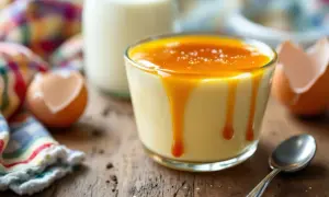 Un déliceux dessert aux oeufs au lait, nappé de caramel coulant, avec une coquille d'œuf vide et une cuillère à proximité.