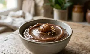 Crème de marron à l'ancienne on a rustic table, topped with a whole chestnut and chopped nuts. A taste of tradition.