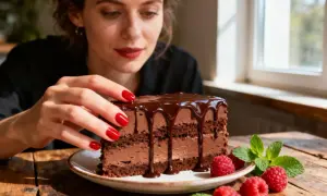 Une femme aux ongles rouges touche un délicieux gâteau chocolat mascarpone, garni de glaçage au chocolat et de framboises fraîches.