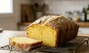 Un délicieux cake au citron, glacé et parsemé de zestes, attend d'être dégusté sur une grille.