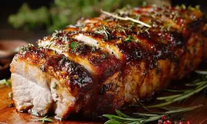 Un délicieux roti de porc au four, laqué et parsemé d'herbes, prêt à être dégusté sur une planche en bois.