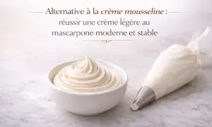 Crème légère au mascarpone, alternative à la crème mousseline sans beurre. Une texture aérienne prête à être utilisée.