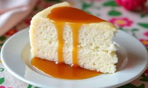 Une part de gâteau de riz aérien, nappée d'une sauce caramel dorée, sur une assiette blanche.