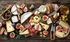 Une planche charcuterie fromage généreuse avec divers fromages, saucissons, figues, olives, raisins et pain sur fond de bois.