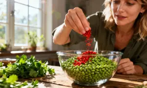 Une femme ajoute des piments rouges à un bol de haricots mungo, préparant un plat savoureux. Le haricot mungo cuisson est simple et rapide.
