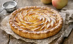Une magnifique tarte normande aux pommes, saupoudrée de sucre glace, prête à être dégustée.