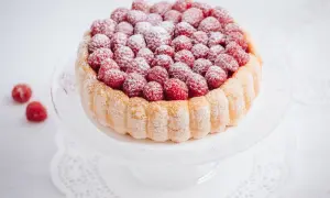 Charlotte aux framboises, un délice léger et fruité, ornée de fruits rouges frais et saupoudrée de sucre glace.