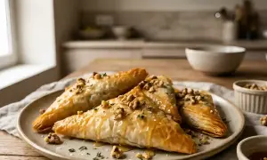 Triangles dorés de pâte filo, nappés de miel et parsemés de noix et d'herbes, prêts à être dégustés.