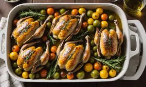 Cinq coquelets au four dorés, parsemés d'herbes, entourés de tomates cerises et d'olives vertes dans un plat blanc.