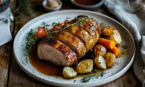 Un délicieux rôti de porc au miel au four, tranché et servi avec des carottes et des pommes de terre rôties, arrosé de sa sauce.