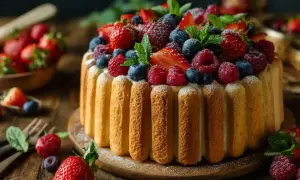 Charlotte aux fruits, un gâteau d'été orné de fraises, framboises et myrtilles, sur un lit de biscuits à la cuillère.
