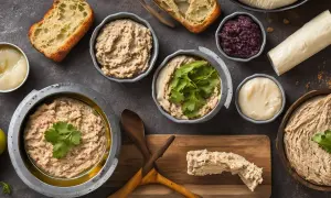 Plusieurs bols de pâté de thon rapide, du pain grillé, des olives et des garnitures.