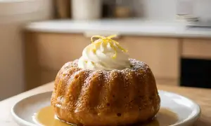 Baba au rhum gastronomique, un dessert moelleux et parfumé, nappé de sirop et surmonté de crème fouettée et de zestes de citron.