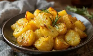 Assiette de pommes de terre au four dorées et croustillantes, garnies de romarin frais. Un délice simple et réconfortant.