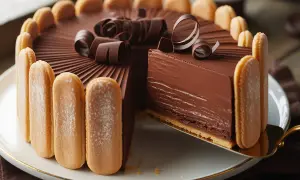 Une délicieuse charlotte au chocolat, ornée de biscuits à la cuillère et de copeaux de chocolat, est servie sur une assiette blanche.
