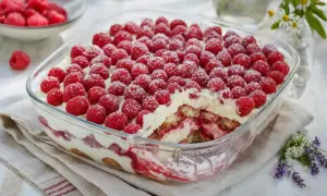 Un délicieux tiramisu framboise, généreusement garni de fruits rouges frais et saupoudré de sucre glace.